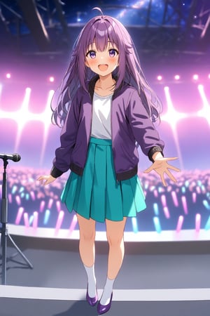 masterpiece, best quality,(1girl), solo,(depth of field),(solo focus),8K,HDR,(ultra high res),(highres),(full body),(lens flare),smiles,blush,(KJOANKO),(ahoge),(bangs),(purple hair),(long hair),(purple eyes),(purple jacket),(open jacket),(white shirt),(collarbone),(aqua skirt),(white socks),(purple footwear),(flats),(outdoors),(holding microphone),music, singing,(stage lights),(star (sky)),sparkle,(scaffolding),(standing),audience,glowstick,(outstretched arm),