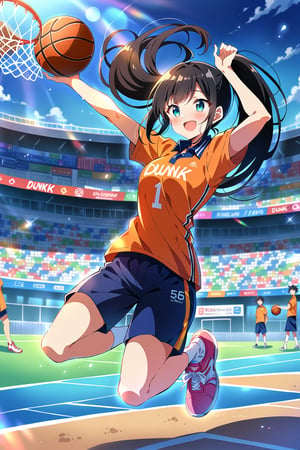 source_anime,masterpiece, best quality,(1girl), solo,(depth of field),(solo focus),8K,HDR,(ultra high res),(highres),(full body),(lens flare),smiles,blush,(black hair),(bangs),(aqua eyes),(long hair),(ponytails),(orange shirt),(polo shirt),(blue pants),(short pants),(basketball uniform),(white socks),(pink footwear),(sneakers),jumping,(stylish pose),(outdoors),(holding basketball), (tennis racket),(olympic rings),flare,shy, scoreboard,(hilltop),(basketball stadium),(Olympic venue),(((Dunk_shoot))),(people_in_background),