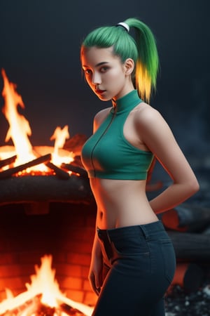 chromatic background, girl, slim slender figure, scaley blue skin, green ponytail, standing by a fire