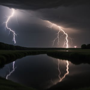 a green glowing orb, with lightning strikes towards the ground, shows refelections over water