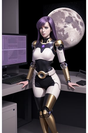 cybernetic female, slim slender, large breats, purple hair, snug fitting , gold uniform, thigh length boots, silver utility belt, standing by a computer console. of a starship. the computer screen displays a bright moon.