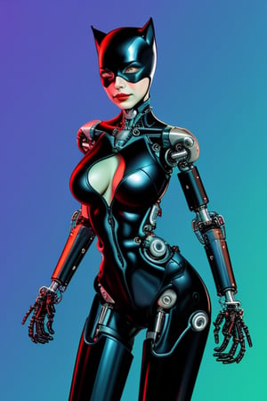 chromatic background, cybernetic cat woman,