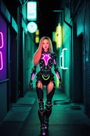 cybernetic enhanced female, flowing long blonde  hair, in a neon lit alleyway