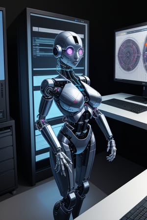 chromatic cybernetic woman, standing by a computer console.