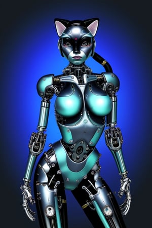 chromatic background, cybernetic feline woman,