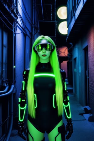 cybernetic enhanced female, blue and green, flowing long blonde  hair, in a neon lit alleyway, wearing green goggles, moon in sky