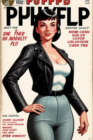 A 1950's pulp fiction magazine cover featuring a cyborg woman standing wearing a leather jacket.