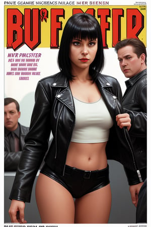 A pulp fiction magazine cover featuring a cyborg woman standing wearing a leather jacket.