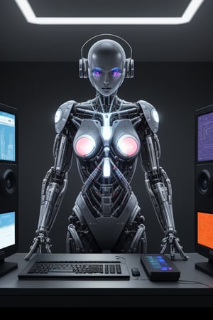 cybernetic woman, standing by a computer console.