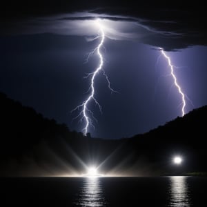 a glowing orb, with lightning strikes towards the ground, over water