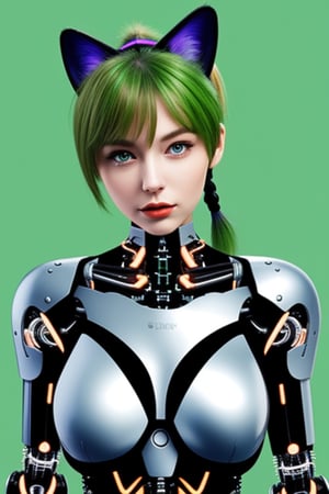 chromatic background, cybernetic feline woman, green ponytail.