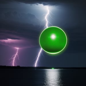 a green glowing orb, with lightning strikes towards the ground, over water