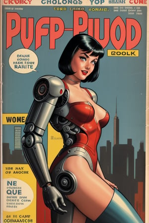 A 1950's pulp fiction magazine cover featuring a cyborg woman.