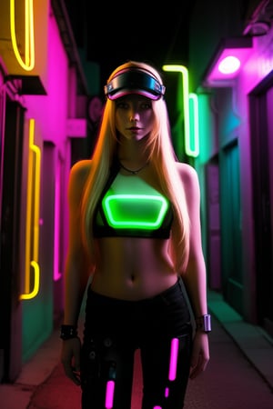 cybernetic enhanced female, flowing long blonde  hair, in a neon lit alleyway, wearing a visor