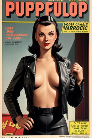 A 1950's pulp fiction magazine cover featuring a cyborg woman standing wearing a leather jacket.