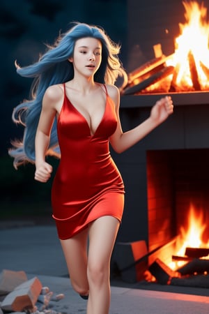 chromatic background, girl, slim slender figure, large breasts, long flowing blue hair, running by a fire, satin red dress