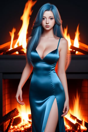 chromatic background, girl, slim slender figure, large breasts, long flowing blue hair, standing by a fire, satin red dress