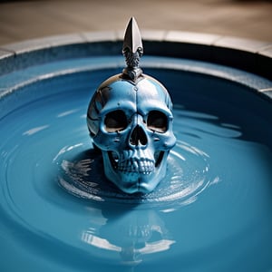 a cybernetic skull, melts into a pool of blue liquid. a silver dagger in the background
