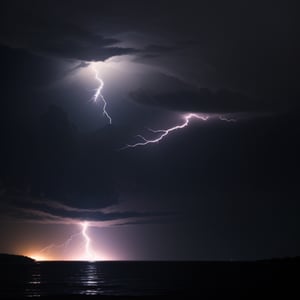 a glowing orb, with lightning strikes towards the ground, over water