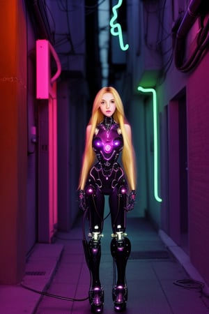 cybernetic enhanced female, flowing long blonde  hair, in a neon lit alleyway