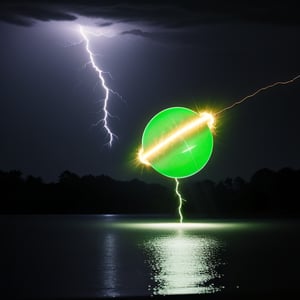 a green glowing orb, with lightning strikes towards the ground, over water