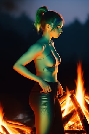 chromatic background, girl, scaley blue skin, green ponytail, standing by a fire