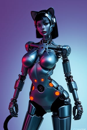 chromatic background, cybernetic feline woman,