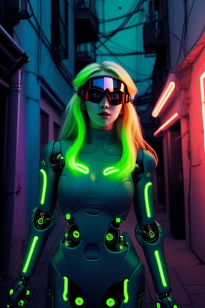 cybernetic enhanced female, blue and green, flowing long blonde  hair, in a neon lit alleyway, wearing green goggles, moon in sky