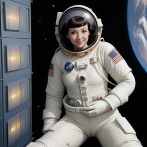 a female in a snug 1950's spacesuit, slim slender,