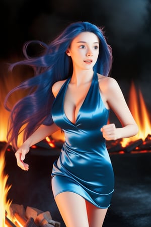 chromatic background, girl, slim slender figure, large breasts, long flowing blue hair, running by a fire, satin red dress