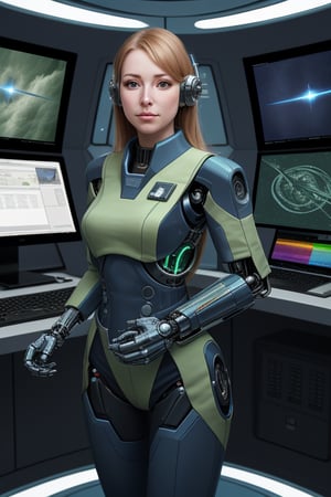 cybernetic female, blue and green uniform, standing by a computer console. of a starship.