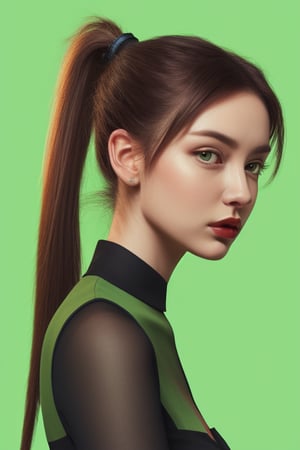 chromatic background, feline woman, green ponytail.