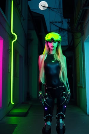 cybernetic enhanced female, flowing long blonde  hair, in a neon lit alleyway, wearing green goggles, moon in sky