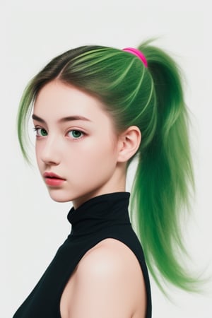 chromatic background, girl, green ponytail.