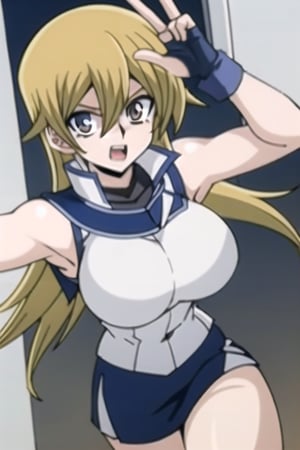 Breasts_on_glass, breast press, against glass, ta1 white jacket sleeveless blue skirt fingerless gloves large breasts, 1girl, long hair, blonde hair, hair between eyes, brown eyes, duel academy uniform, Best Quality 