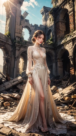 a beautiful woman stands in front of a destroyed building. She is dressed in a cream-colored long-sleeved gown adorned with a sheer neckline, adorned with white beads and pearls. Her hair is styled in a sleek bob, and her bangs are pulled back in a ponytail. The building she is standing on is made of red-brown bricks, and the surrounding surrounding the building is made up of broken bricks. The sky is a pale blue, and it is a sunny day.