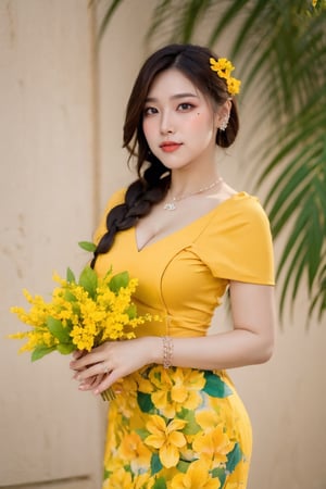 Cowboy shot of 1girl, solo, jewelry, earrings, long black hair, braided, hair on shoulder, holding flowers bouquet, white floral print attire, (medium breasts:0.9), cleavage,_Delha,mm_thingyan