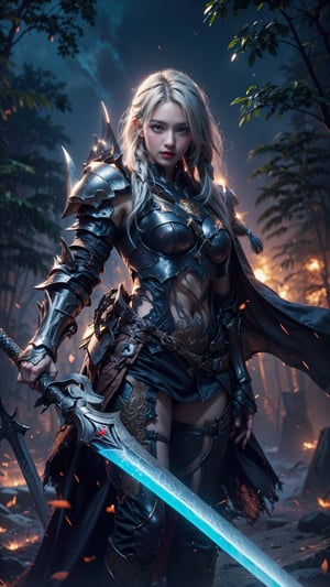 1girl, solo, long hair, looking at viewer, blue eyes, holding, standing, weapon, braid, white hair, outdoors, sword, cape, holding weapon, armor, glowing, holding sword, shoulder armor, gauntlets, glowing eyes, pauldrons, breastplate, knight