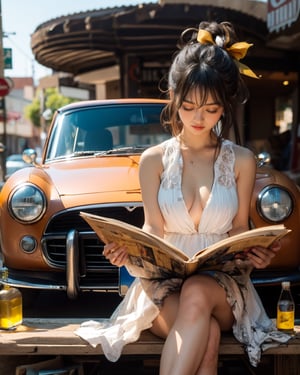 1girl, solo, breasts, bangs, black hair, dress, holding, cleavage, bare shoulders, jewelry, big breasts, sitting, closed eyes, hair bow, earrings, sleeveless, book, sleeveless dress, crossed legs, bottle, ground vehicle, motor vehicle, reading, car, bench, orange dress, updo