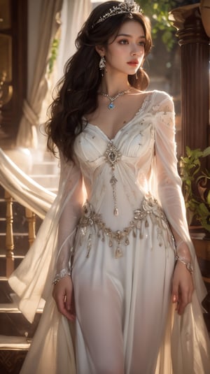 1girl, solo, long hair, breasts, brown hair, black hair, long sleeves, dress, cleavage, brown eyes, jewelry, big breasts, closed mouth, standing, collarbone, cowboy shot, earrings, indoors, wide sleeves, necklace, white dress, bracelet, lips, see-through, looking to the side, wavy hair, looking away, sunlight, tiara, gem, stairs, realistic, long dress, arms at sides