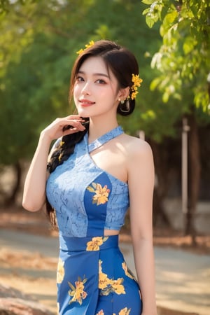 Cowboy shot of 1girl, solo, jewelry, earrings, long black hair, braided, hair on shoulder, hand on hair, (blue floral lace attire), (medium breasts:0.9), outdoor, dim cinematic lighting, _Delha,mm_thingyan