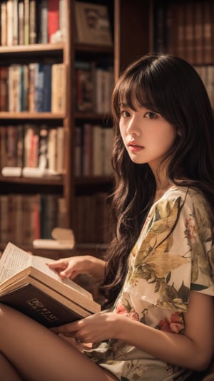 1girl, solo, long hair, looking at viewer, bangs, black hair, holding, sitting, short sleeves, indoors, blurry, lips, book, depth of field, floral print, holding book, open book, realistic, bookshelf, book stack