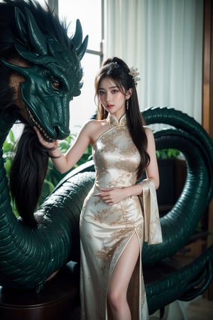 fullbody shots, An ethereal Jade beauty of a Chinese goddess gazing longingly at the viewer over her shoulder, wearing a Chinese outfit and standing primly, her black hair down in bangs, zhongfenghua Style. A perfect Chinese dragon made of jade crystals coils around the goddess, glimmering in the light. Ultra-high resolution, perfect detail, depth of field, 4k, 8k, detail maximizer