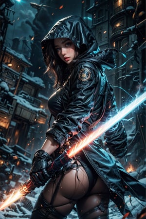 1girl, solo, breasts, looking at viewer, blue eyes, black hair, gloves, holding, jacket, weapon, ass, cowboy shot, looking back, sword, hood, from behind, holding weapon, lips, bodysuit, hooded jacket, hood up, glowing weapon, energy sword, lightsaber,fantasy