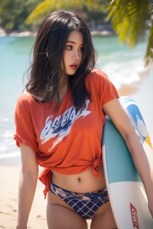 1girl, solo, long hair, shirt, black hair, navel, holding, holding surf board, jewelry, swimsuit, short sleeves, bikini, cowboy shot, outdoors, closed lips, day, blurry, bracelet, lips, looking to the side, plaid, blurry background, surf board, t-shirt, red shirt, blue bikini, tied shirt, bikini bottom only, beach background