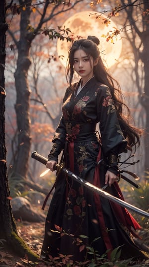 1girl, solo, long hair, looking at viewer, black hair, long sleeves, holding, closed mouth, standing, weapon, outdoors, sword, hair bun, holding weapon, tree, sash, night, holding sword, chinese clothes, moon, single hair bun, full moon