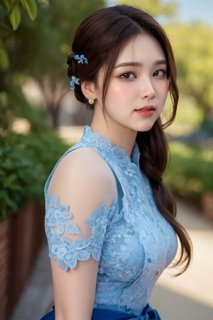 Cowboy shot of 1girl, solo, jewelry, earrings, long black hair, braided, hair on shoulder, hand on hair, (blue floral lace attire), (medium breasts:0.9), outdoor, dim cinematic lighting, _Delha,mm_thingyan,1girl