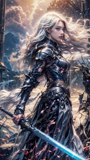 1girl, solo, long hair, blue eyes, gloves, holding, standing, weapon, (white hair:1.2), sword, cape, holding weapon, armor, from side, lips, profile, holding sword, wind, shoulder armor, gauntlets, breastplate,fantasy