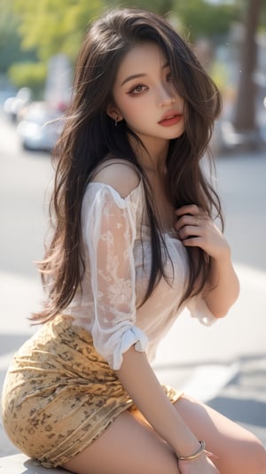 1girl, solo, long hair, messy hairstyles, looking at viewer, skirt, brown hair, shirt, brown eyes, jewelry, sitting, white shirt, earrings, outdoors, parted lips, day, blurry, bracelet, lips, see-through, blurry background, realistic