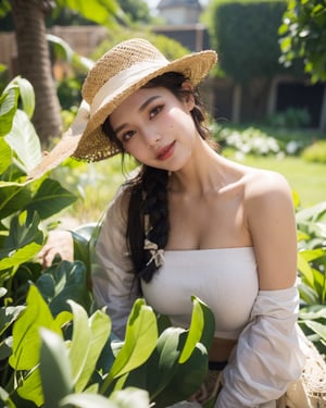 1girl, solo, long hair, breasts, looking at viewer, smile, large breasts, black hair, hat, cleavage, braid, outdoors, teeth, day, off shoulder, grin, head tilt, strapless, hair over shoulder, freckles, sun hat, realistic, straw hat, tube top, garden